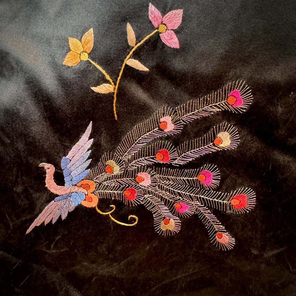 Vintage Embroidered Silk Kimono Jacket with Peacocks - Picture 9 of 13